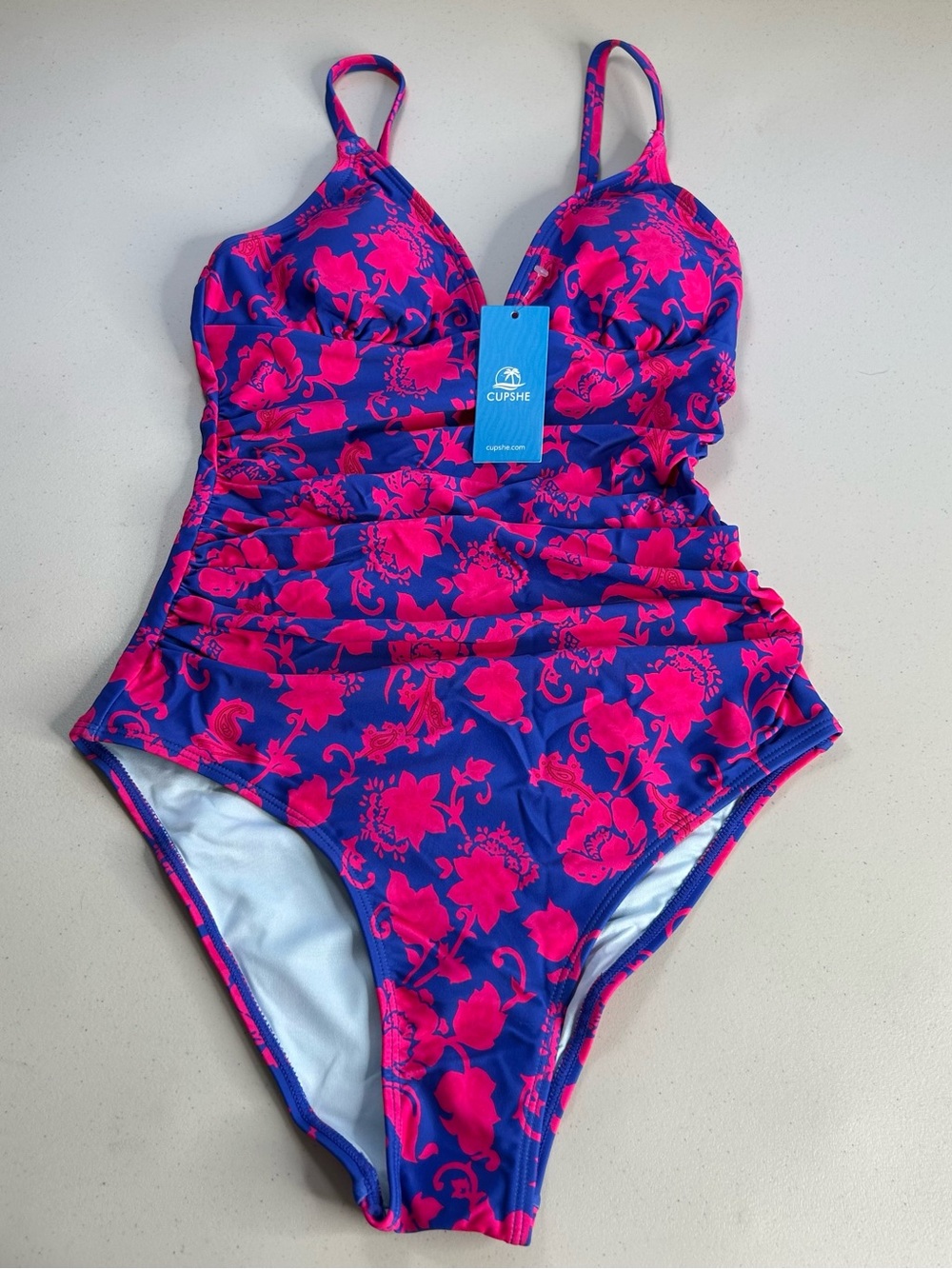 Cupshe One Piece Swimsuit XS Blue Pink Floral Tummy Control V Neck New